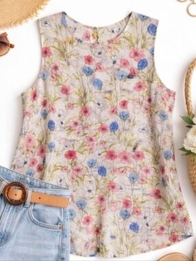 J.Jill Love Linen Floral Sleeveless Button Back Top Red Blue Pink Women Medium